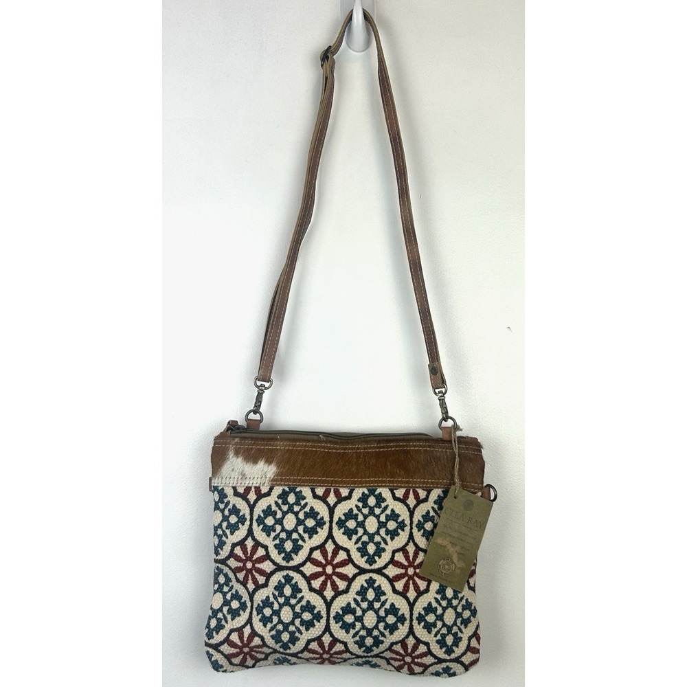 Clea Ray Crossbody Purse Recycled Canvas & Woven Rug & Leather Bag New Gift